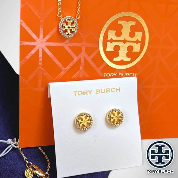 NWT Tory Burch Miller Pavé Logo Set - 18k Gold Plated Necklace & Earrings $196 - Picture 9 of 12